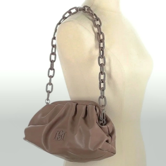 Badgley Mischka Vegan Leather Taupe Pleated Logo Shoulder Bag – NWT - Picture 1 of 10